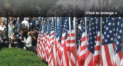 The 2011 FDNY Battalion 18 memorial service in New York City included 343 American flags, one flag for each FDNY firefighter who was lost. 